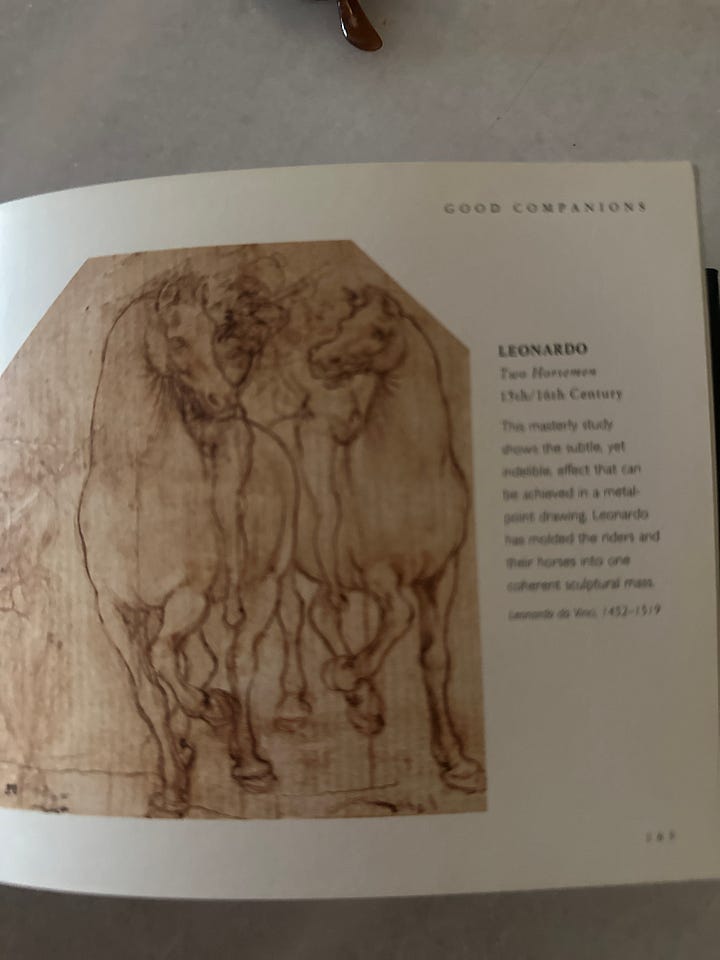 cover of book about horse paintings with a white horse galloping. It also shows an image from the book of a horse sketch by the artist Leonardo Davinci