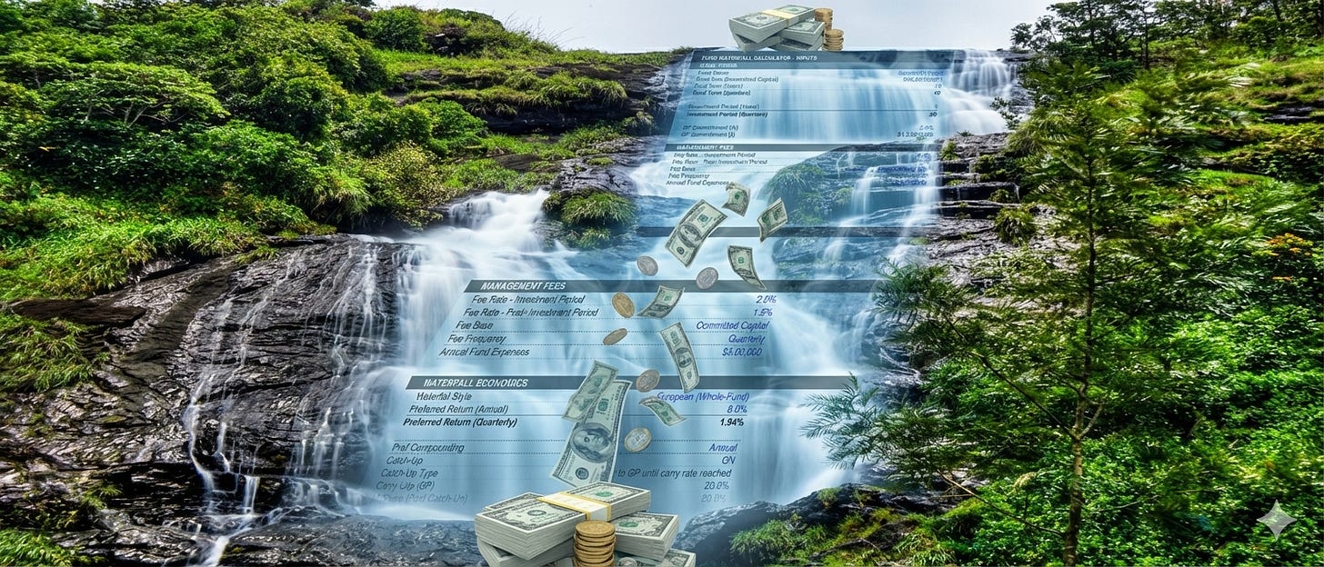 European fund waterfall showing capital flows, fees, and carry over time European fund waterfall showing capital flows, fees, and carry over time