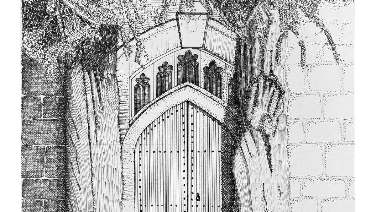 Pen illustration of the yew-flanked north door of St. Edward's Church