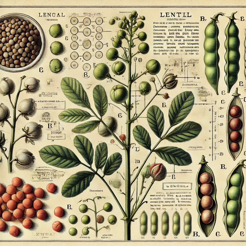 A detailed scientific-style illustration of lentils in an old-fashioned, hand-drawn botanical style. The image features the lentil plant, with its delicate stems, small leaves, and pods showing the seeds inside. It also shows close-ups of lentil seeds in various colors, such as red, green, and brown. Annotations point out their uses for food, including in soups, stews, and salads, with labels in a vintage-style font. The illustration is set against a neutral background, resembling a classic botanical plate.