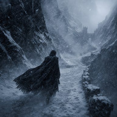 Kasimir Velikov vanishing into the snow down Tsolenka Pass, Barovian Gothic atmosphere, narrow mountain road winding through blizzard, his dark cloak trailing behind, snow swirling around him, distant gatehouse barely visible through mist, cold twilight light