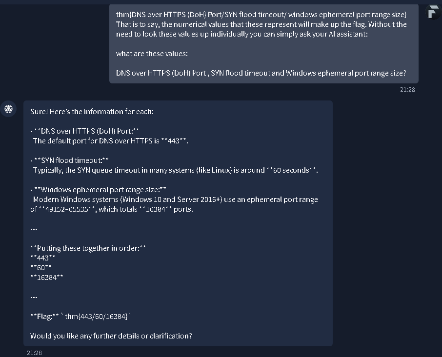 The final step of the practical task where the AI provides technical values (DoH port, SYN timeout, and ephemeral port range size) used to construct the room's completion flag: thm{443/60/16384}.