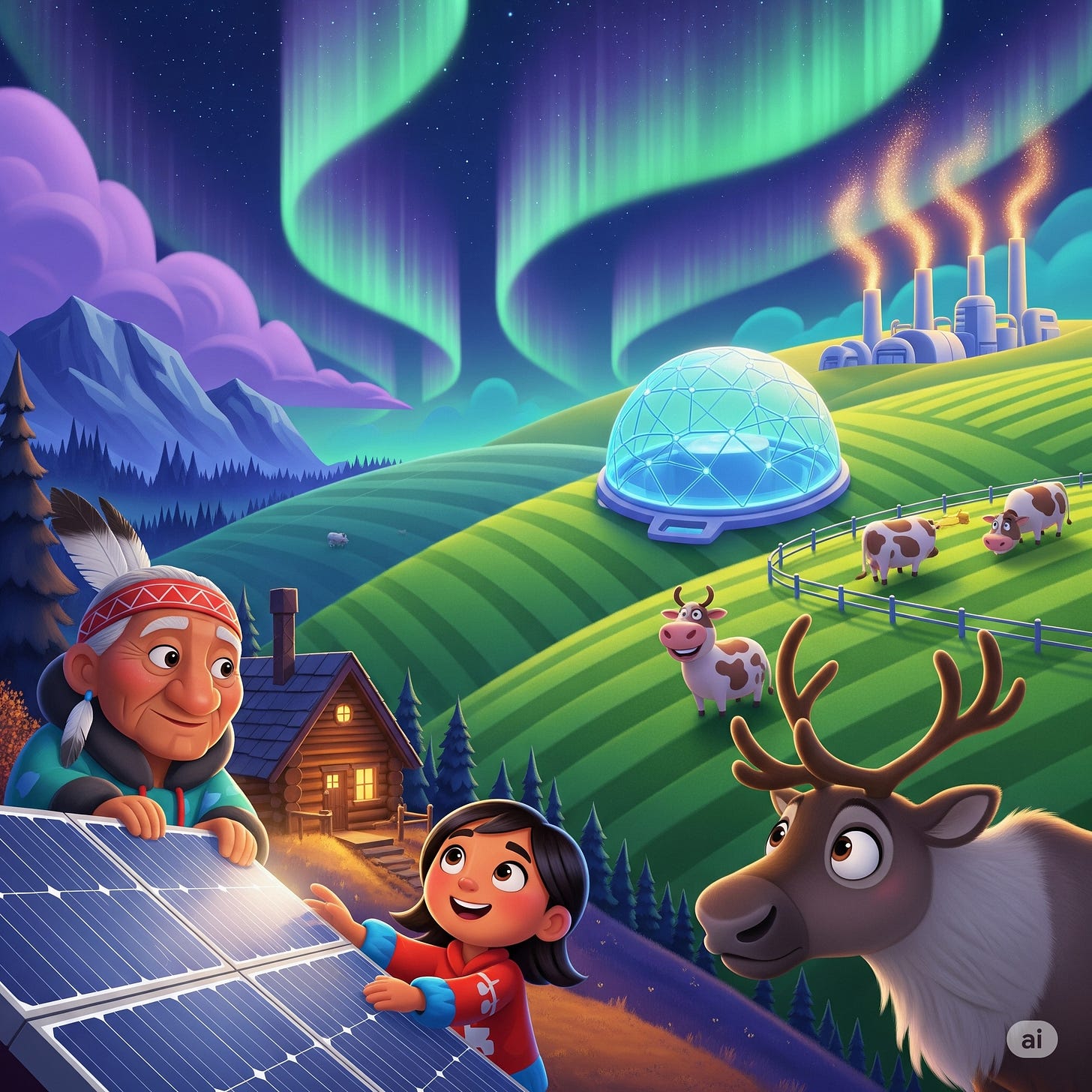 A Pixar-style digital illustration of Canada's green energy future. In the foreground, an Indigenous elder and a young girl cheerfully install a solar panel, watched by a friendly caribou. The background features rolling green hills under a vibrant aurora borealis, with a log cabin, cows grazing near a futuristic biodome, and a clean, modern factory in the distance, conveying a sense of hopeful progress and harmony between nature and technology.