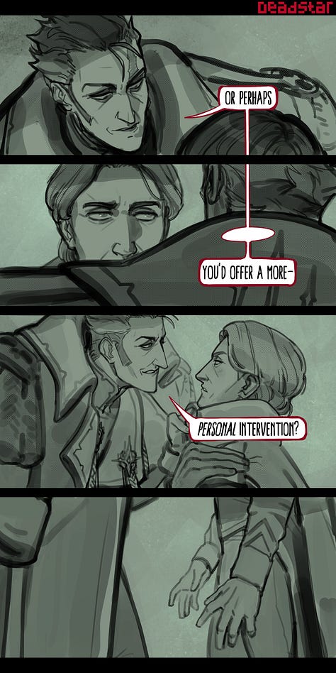 Here's how that dynamic plays out visually when Saren faces genuine concern from a subordinate, using Heinrix from the Owlcat CRPG