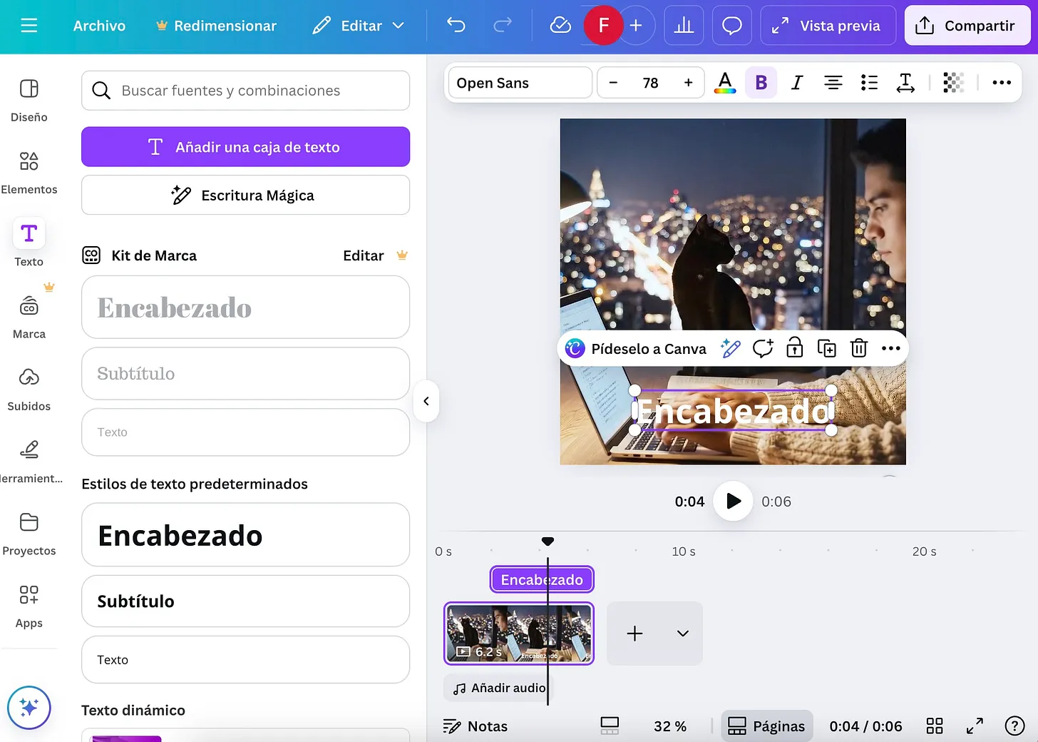 Interfaz de la herramienta de CANVA para la creación de un GIF animado. 
