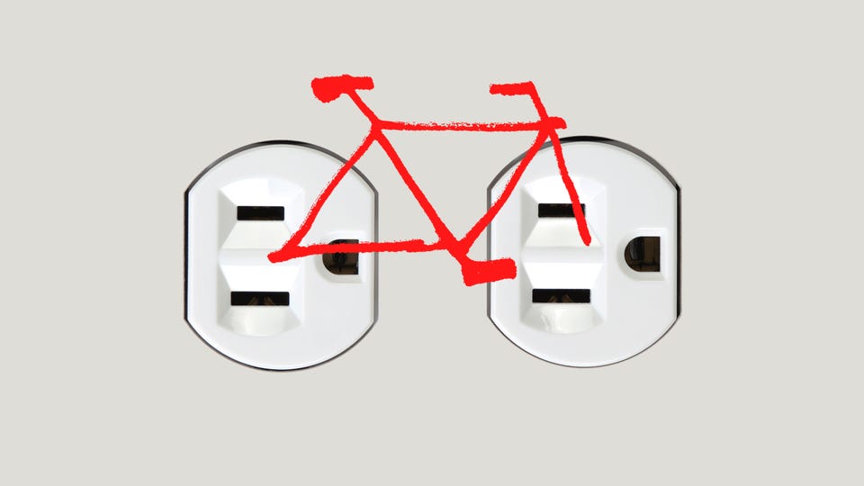 An illustration of a bicycle superimposed over two electrical sockets An illustration of a bicycle superimposed over two electrical sockets