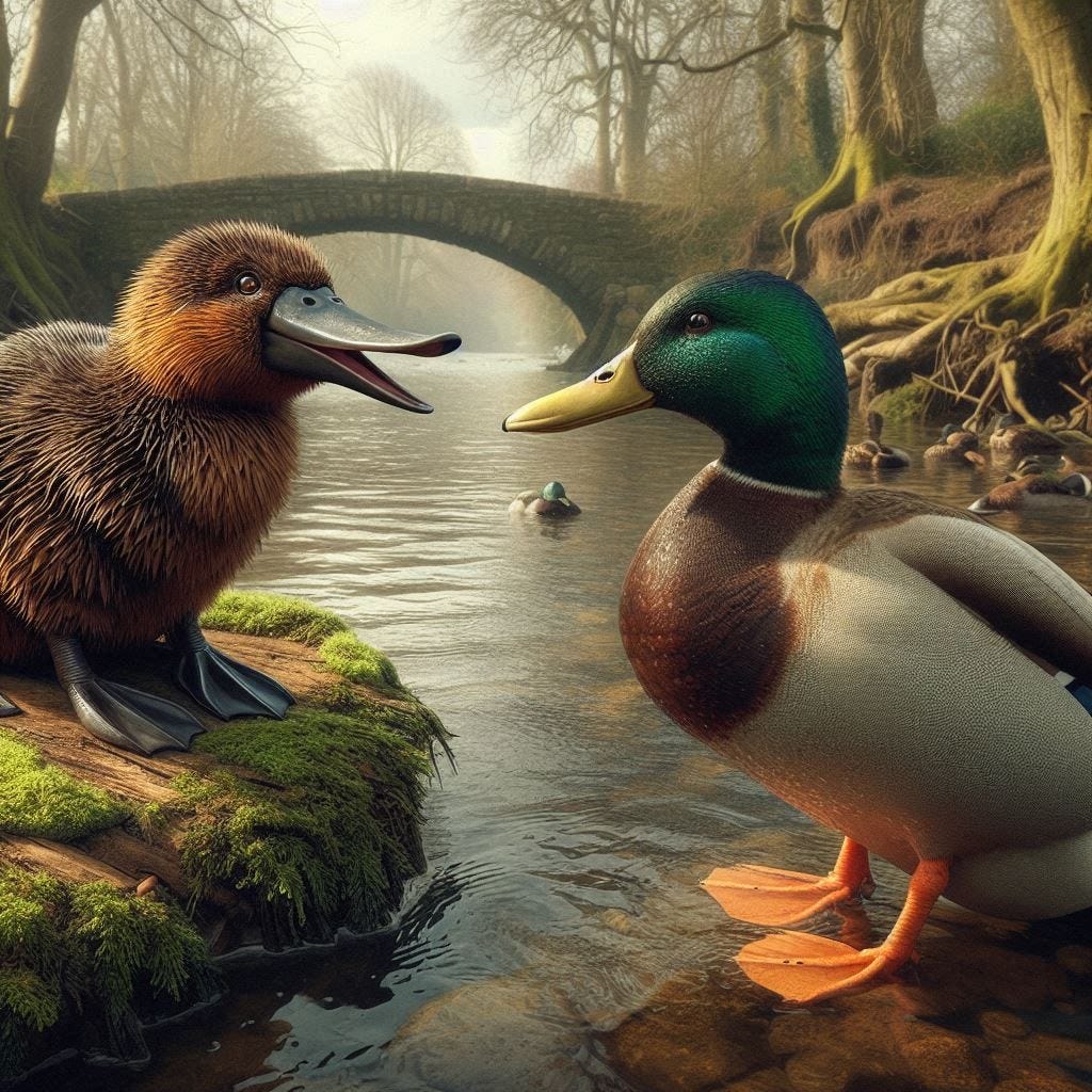 a duckbilled platypus talking to a male mallard duck on the banks of a creek in England photorealistic