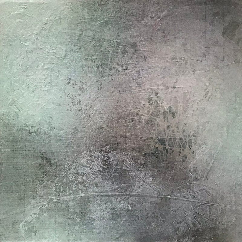 Mixed media art on wood panel; soft colour from pine and lichen with monoprinted mark making using natural materials