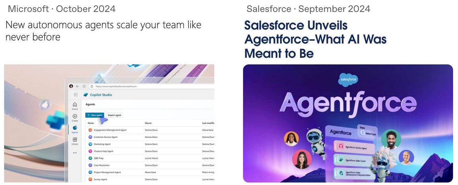 Microsoft’s October 2024 autonomous-agent announcement and Salesforce’s September 2024 Agentforce announcement, shown side by side. Microsoft’s October 2024 autonomous-agent announcement and Salesforce’s September 2024 Agentforce announcement, shown side by side.