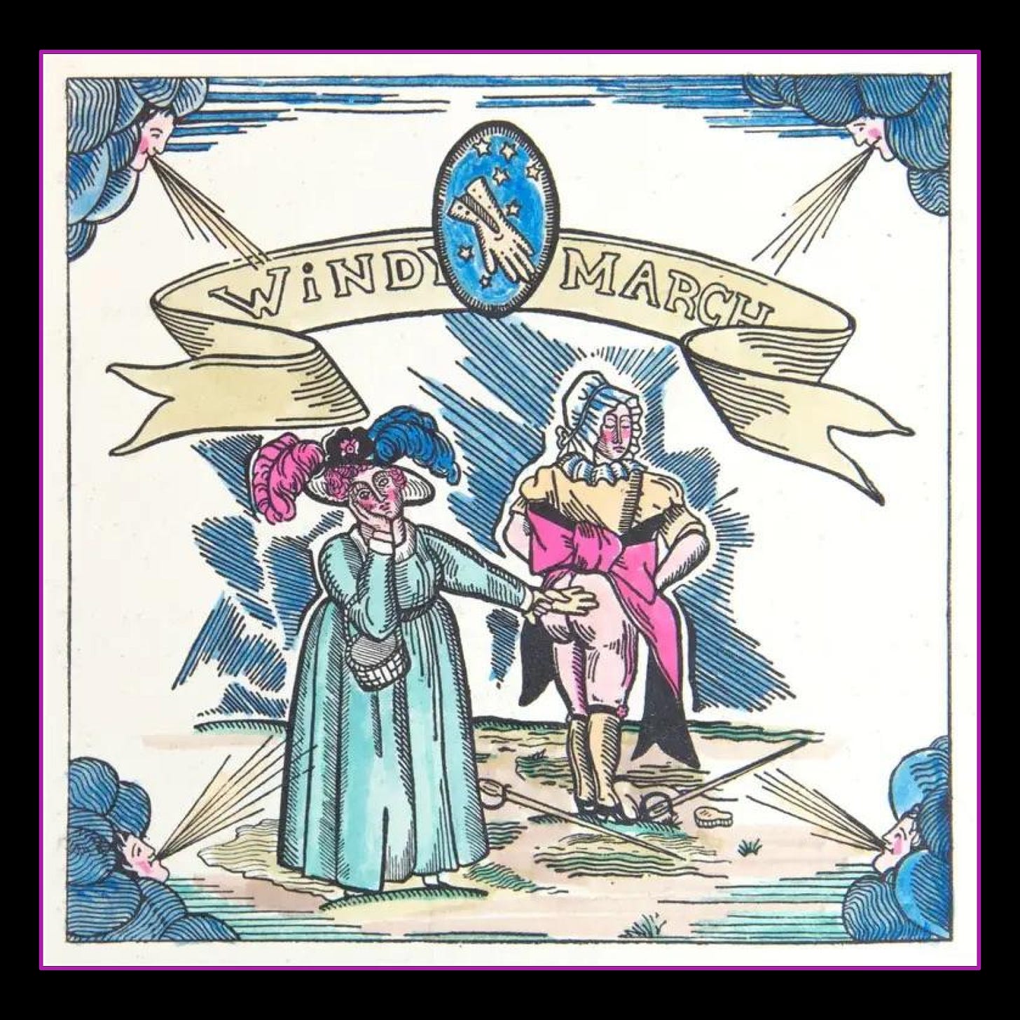 A woman in a blue dress and wide brimmed hat with a large pink and large blue feather holds her face in one hand (a white basket on her elbow) and with the other reaches out to hit the bottom of another woman with her white glove. The other woman wears a white bonnet, yellow top, a pink sash with large bow in the back. She wears no bottom and the white glove hits her bare bottom. A ribbon at the top reads “Windy March” and is crowned by an illustration of another white glove. In each corner, men peek out of blue clouds to blow out toward  the scene. (Woodcut illustration)   5.   Self Portrait: Homage a Cezanne, Miki Hayakawa, ~1924     A painting of a Japanese American woman sitting at a table in front of an open book, some citrus, and a vase. She wears an orange dress with a white collar and a 20s style bob.