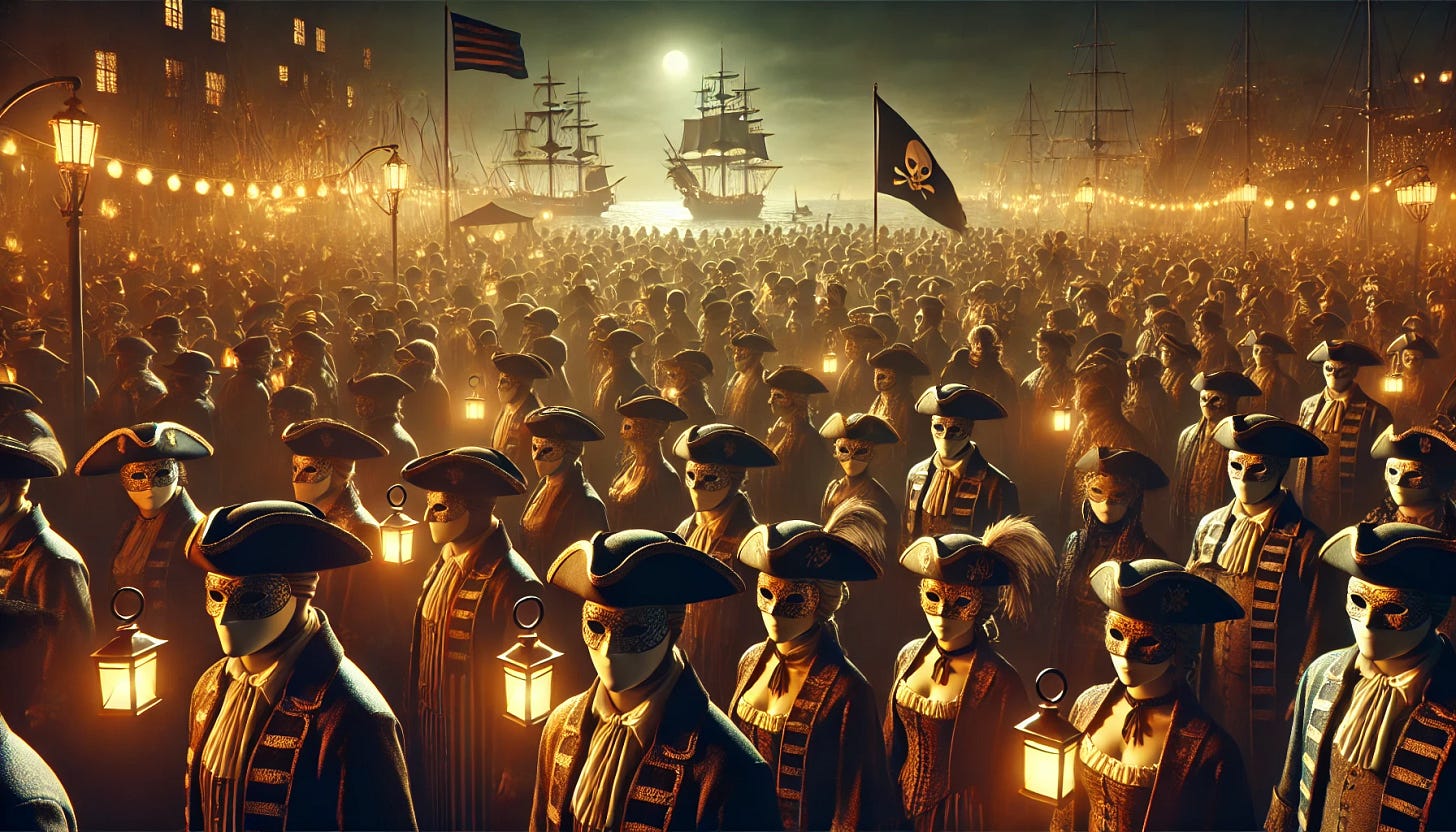 A digital illustration of a masquerade pirate party at night, hundreds of people dressed in identical pirate costumes with masks, making it impossible to distinguish individuals. The crowd is dense and festive, set against a glowing nighttime harbor with lanterns, pirate flags, and ships in the background. Mysterious lighting with golden glows and deep shadows creates a sense of secrecy and anonymity. Created Using: cinematic lighting, dramatic shadows, realistic fabric textures, high facial anonymity, dense crowd rendering, detailed pirate accessories, glowing night effects, immersive background, hd quality, natural look --ar 16:9