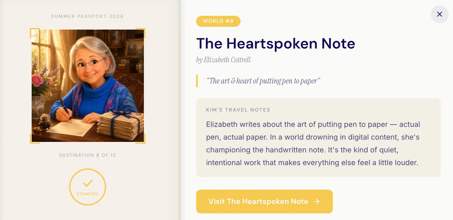 Summer Passport page for Elizabeth Cottrell's The Heartspoken Note, showing Pixar-style character writing with a fountain pen at an antique desk with Kim's travel notes