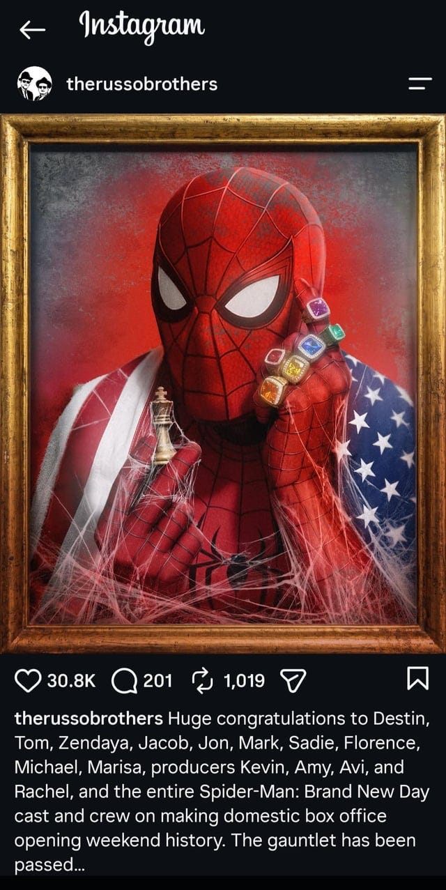 The Russo Brothers congratulate the Brand New Day team for breaking Endgame's opening weekend record : r/marvelstudios The Russo Brothers congratulate the Brand New Day team for breaking Endgame's opening weekend record : r/marvelstudios