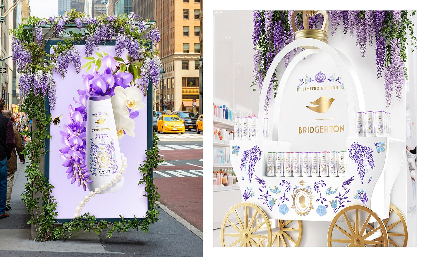 Image of street sign and store display of Bridgerton x Dove brand collaboration.