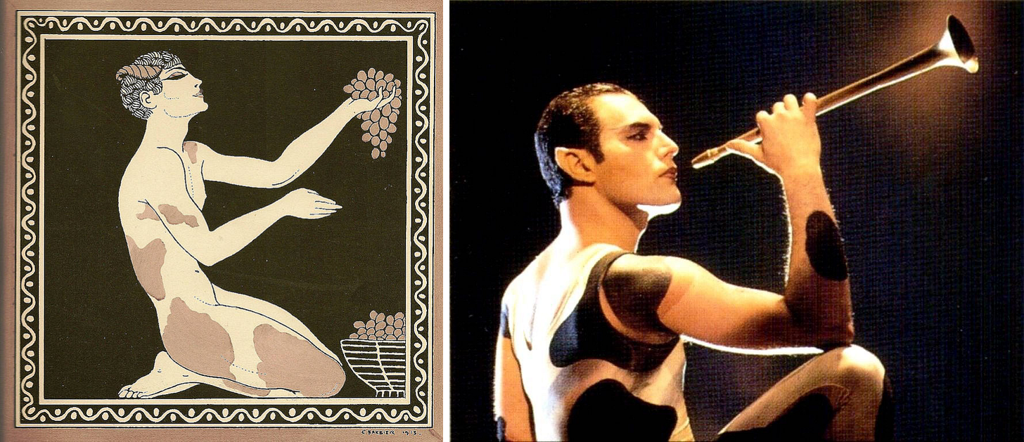 At left, a drawing of a mythological faun. At right, photo of a man with black hair and mustache dressed as a faun and holding a metal hunting horn At left, a drawing of a mythological faun. At right, photo of a man with black hair and mustache dressed as a faun and holding a metal hunting horn