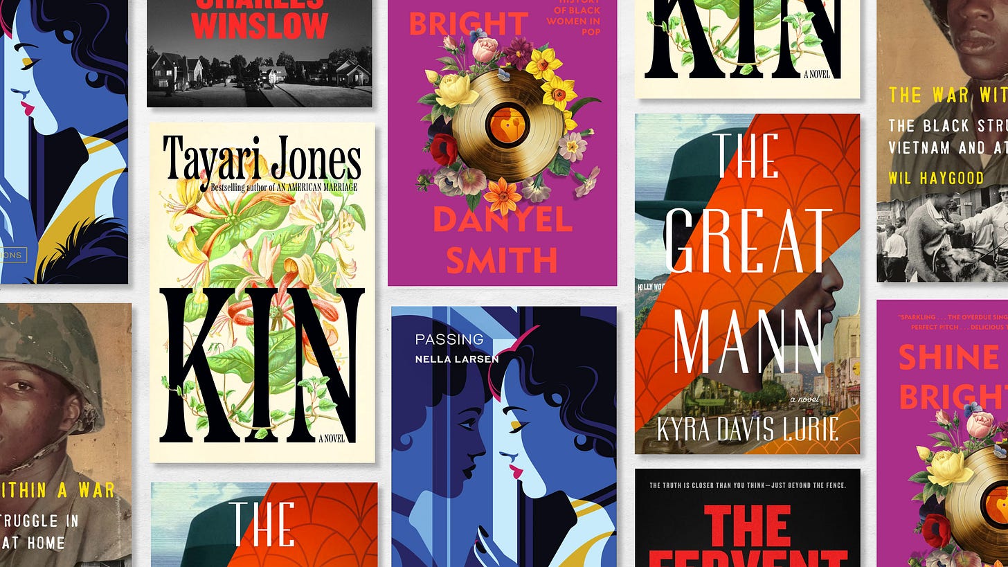 a collage of book covers of the best books to buy and read over juneteenth weekend incluing kin the great mann passing and more