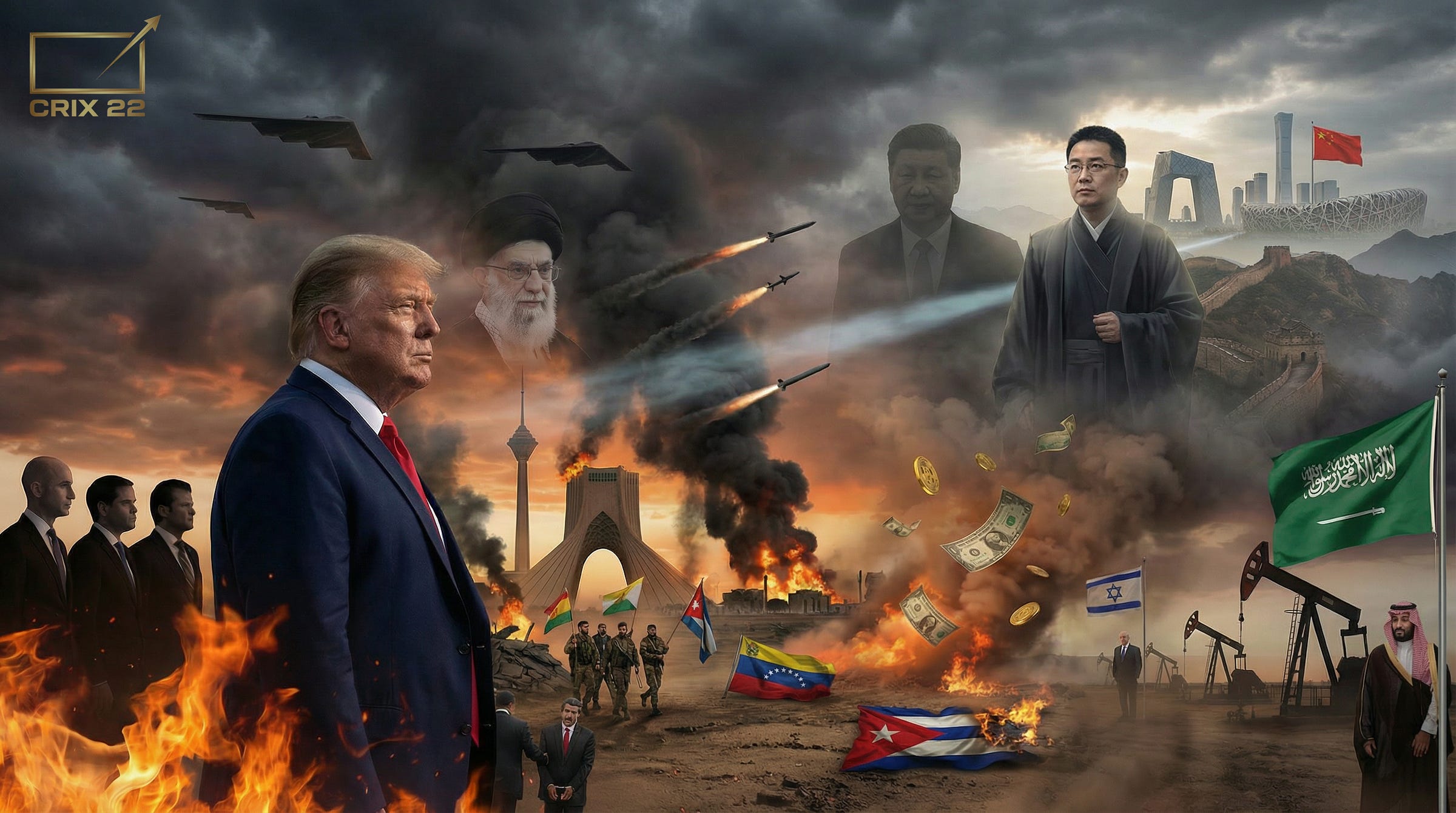 A dramatic portrait of Prophet Jiang in dark robes standing before storm clouds and maps of the Middle East, contrasted with smaller screens showing financial charts, oil routes, and officials in suits planning an economic campaign.