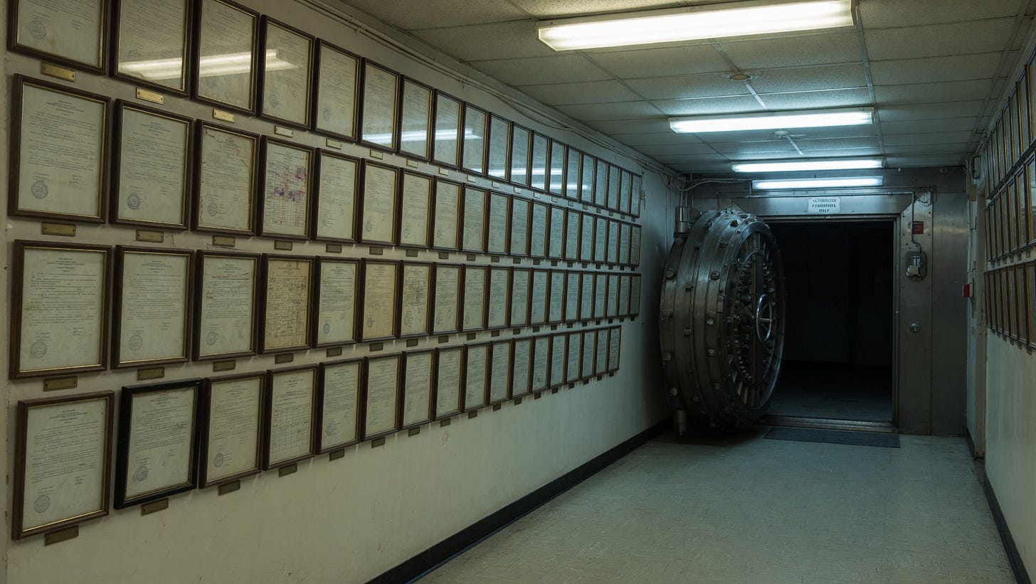 A corridor lined with framed audit certificates and approval documents mounted on the wall, leading toward an open empty vault at the far end, the interior dark, representing the repeated failure of security audits to prevent major crypto protocol exploits. A corridor lined with framed audit certificates and approval documents mounted on the wall, leading toward an open empty vault at the far end, the interior dark, representing the repeated failure of security audits to prevent major crypto protocol exploits.