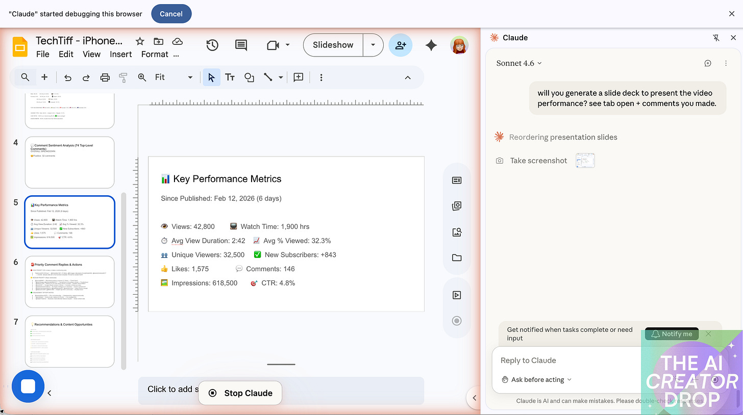 Screenshot of Google Slides showing a “Key Performance Metrics” slide with video analytics (views, watch time, subscribers, CTR), while Claude’s side panel displays Sonnet 4.6 actively reordering presentation slides after being prompted to generate a deck from YouTube analytics.