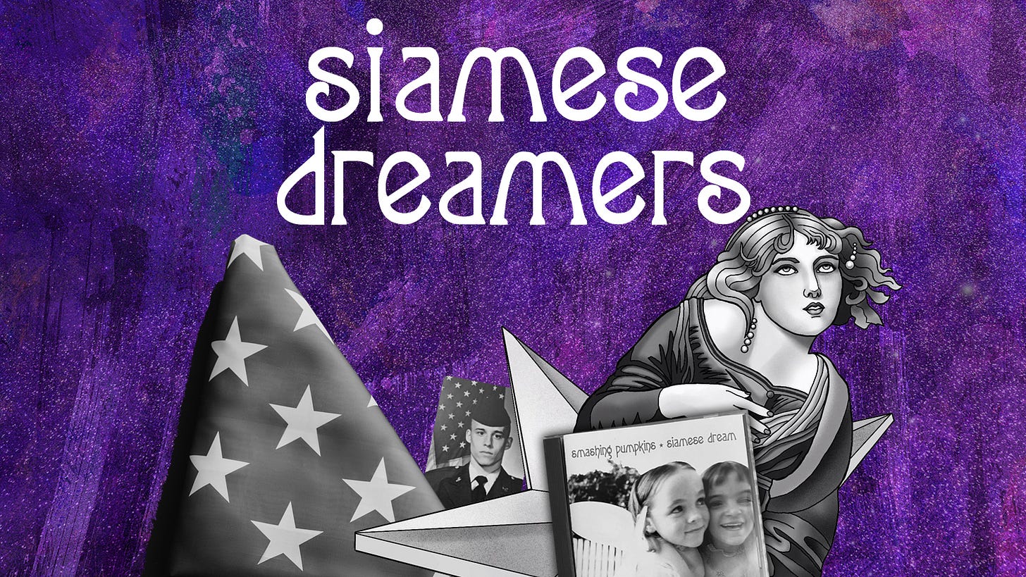 Siamese Dreamers text on purple background with folded American flag, portrait, and Smashing Pumpkins imagery