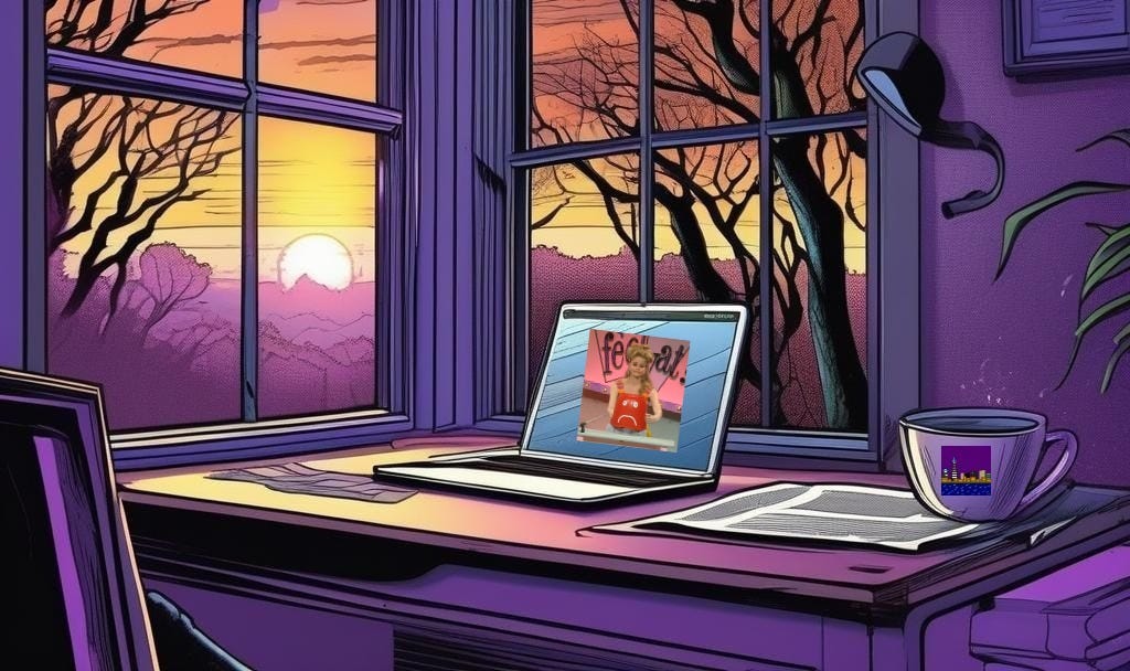 Digital image, bathed in SRR Consulting purple, of a desk near corner windows at sunrise. On the desk is an open laptop, newspaper, and coffee mug with the Sara's Fun Facts skyline.