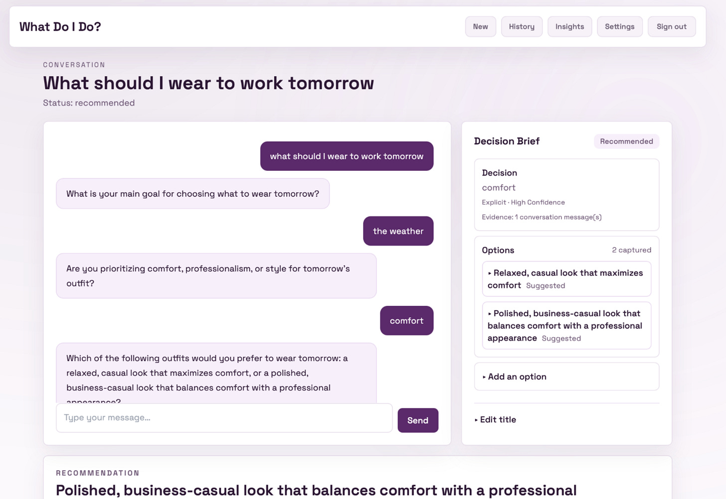 Screenshot of a chat interface discussing outfit choices for work, featuring questions about comfort, professionalism, and style, with recommendations for relaxed and polished business-casual looks.