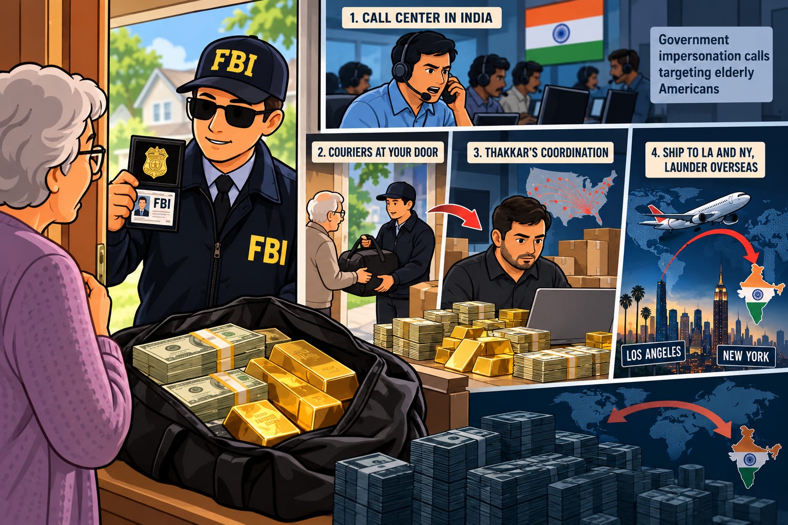Illustration from the NoScammer article about the man convicted of coordinating a $150 million elder-fraud money pipeline.