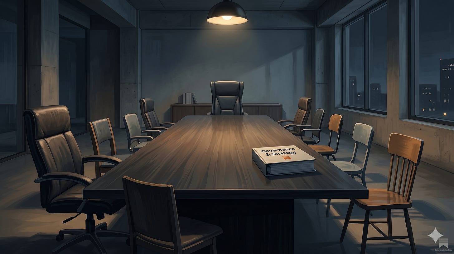 A dimly lit boardroom at night with mismatched chairs surrounding a long wooden table — executive chairs, wooden dining chairs, and folding chairs side by side. A single overhead pendant light illuminates the room. At the head of the table sits one larger, more imposing chair. A book titled "Governance & Strategy" rests on the table. City lights are visible through floor-to-ceiling windows in the background. A dimly lit boardroom at night with mismatched chairs surrounding a long wooden table — executive chairs, wooden dining chairs, and folding chairs side by side. A single overhead pendant light illuminates the room. At the head of the table sits one larger, more imposing chair. A book titled "Governance & Strategy" rests on the table. City lights are visible through floor-to-ceiling windows in the background.