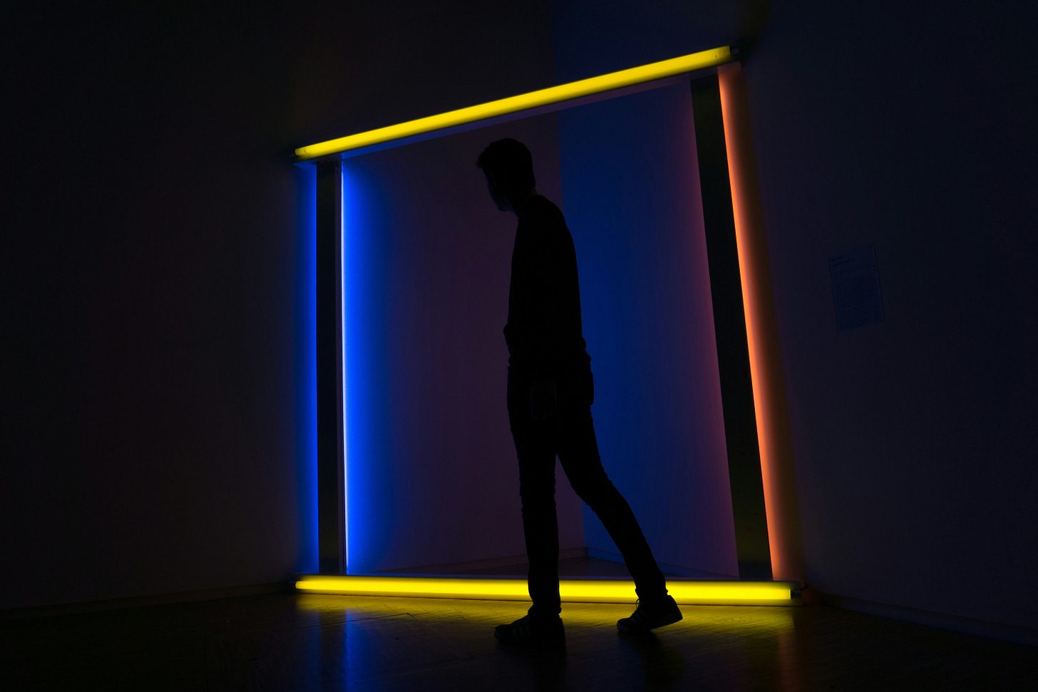 Silhouette of a man against a neon light installation 
