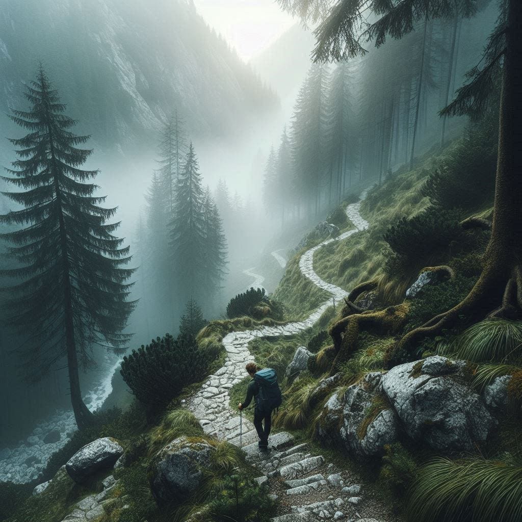a hiker trying to traverse a long and winding, misty trail through a forested valley