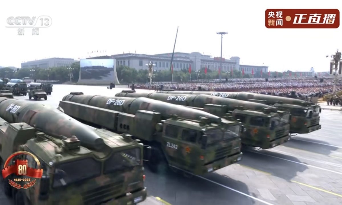 DF-26D hypersonic missile is reviewed at China's V-Day military parade on September 3, 2025. Photo: Screenshot from CCTV News DF-26D hypersonic missile is reviewed at China's V-Day military parade on September 3, 2025. Photo: Screenshot from CCTV News