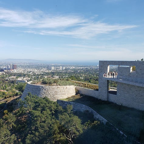 Photo of LA view with Getty architecture (left), photo of succulents in the garden (center), photo of Irises by Vincent van Gogh (right).