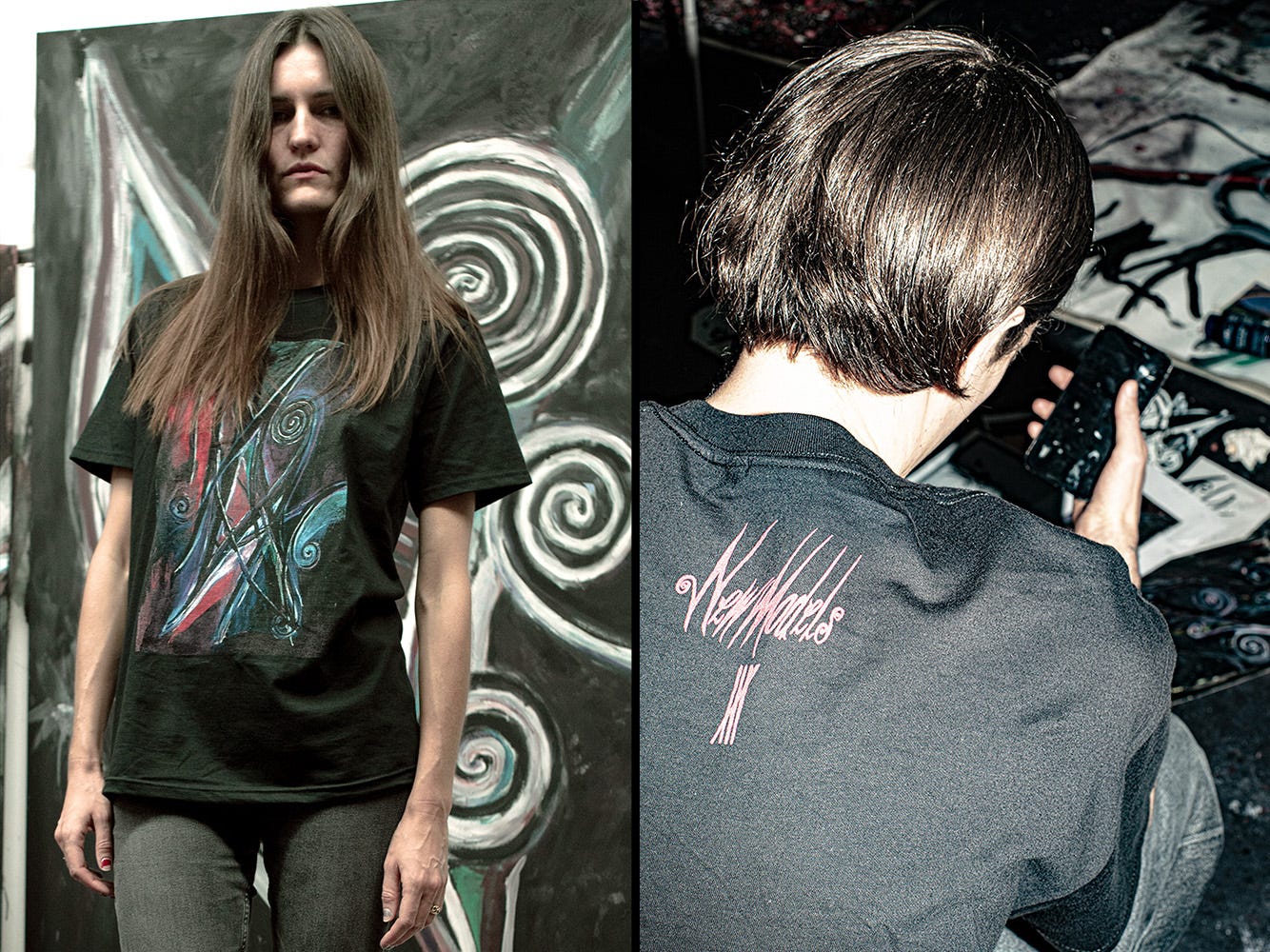 NM x T. Spichtig, "Some Beautiful Mess" shirt. Artist's print on front chest, logo-print at back neck.