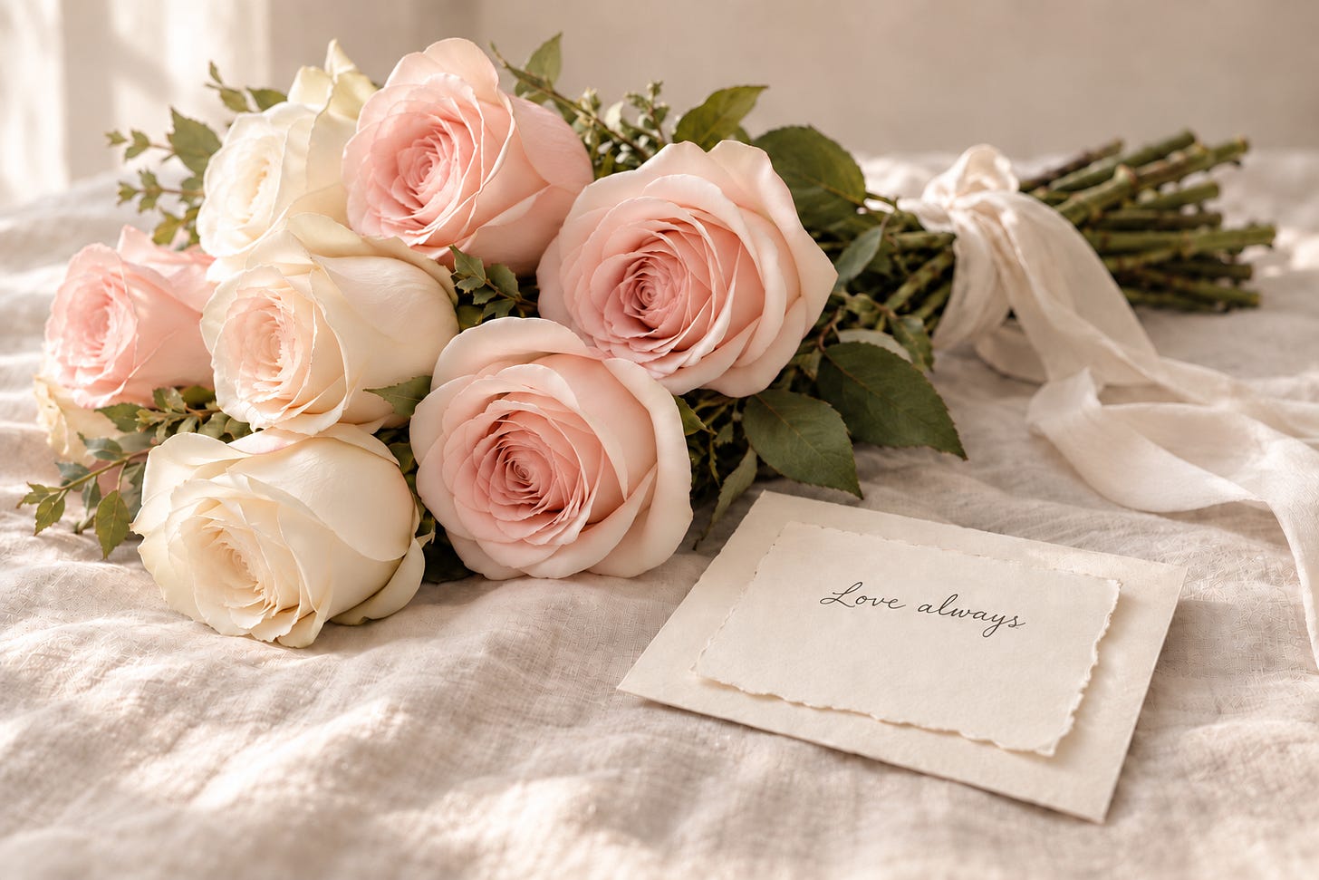 A bouquet of soft pink and cream roses tied with a silk ribbon, resting on white linen beside a card that reads "Love always." A bouquet of soft pink and cream roses tied with a silk ribbon, resting on white linen beside a card that reads "Love always."
