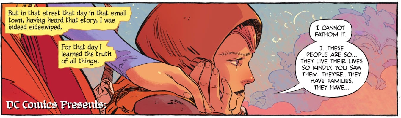 panel from comic with the quote in the previous graph; close up of Ruthye with supergirl's hand on her shoulder