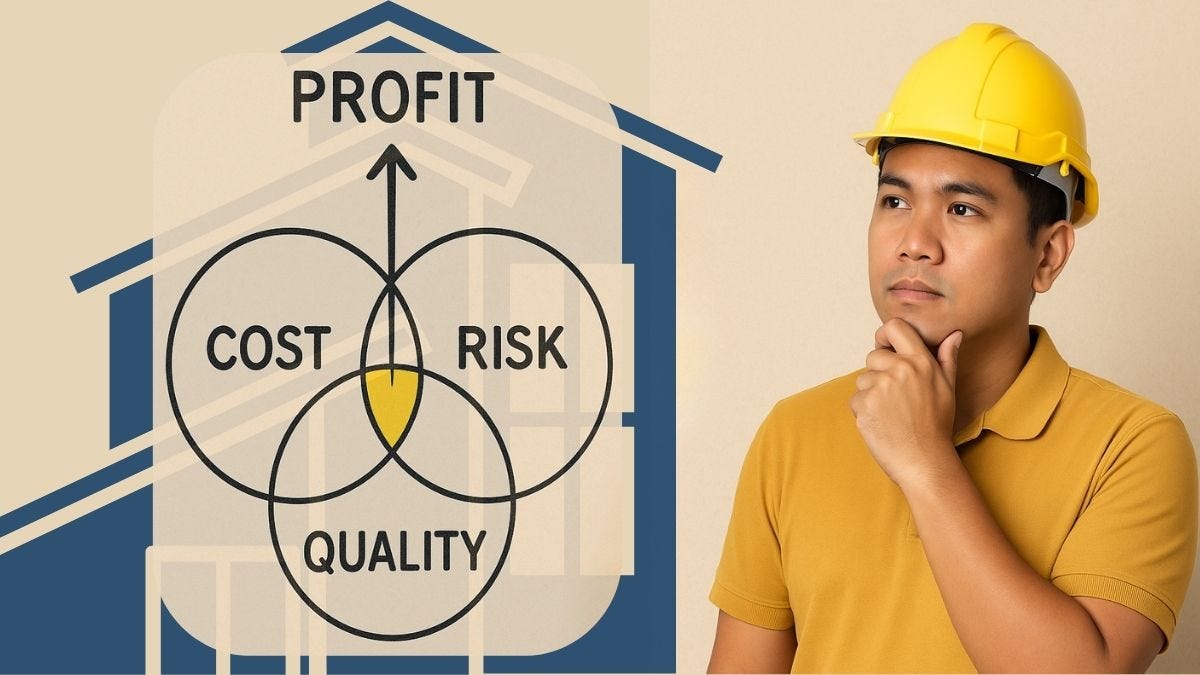 Filipino homeowner in yellow hard hat evaluating construction markup factors shown in Venn diagram with Cost, Risk, and Quality circles intersecting at fair profit, with house blueprint in background