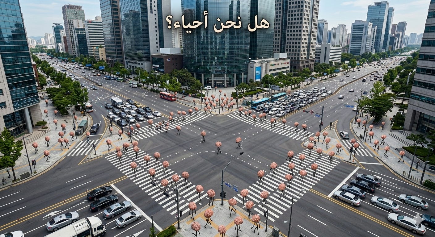  صورة جوية لتقاطع طرق مزدحم في مدينة حديثة. المشاة على ممرات العبور هم شخصيات ذات رؤوس تشبه العقول وأجسام بسيطة. العنوان "هل نحن أحياء؟" مكتوب بالخط العربي في أعلى الصورة.
