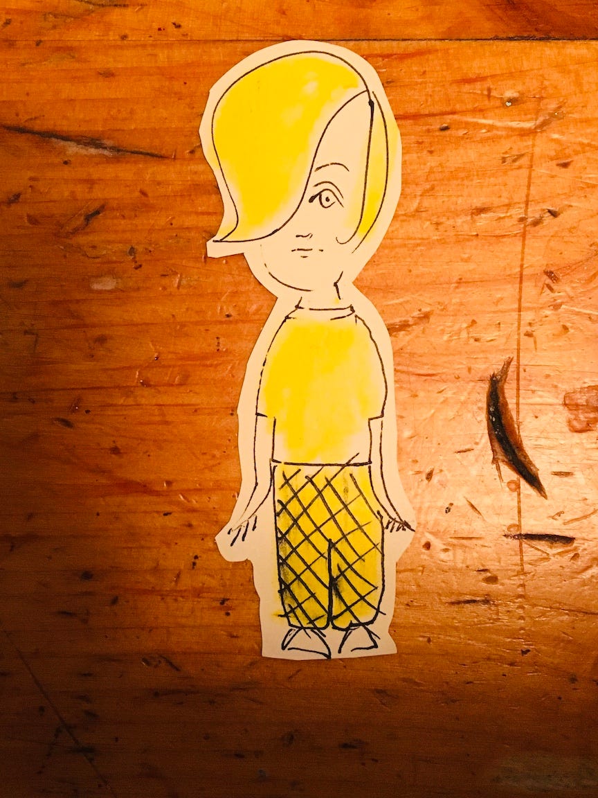 A cartoonish drawing of a lady.