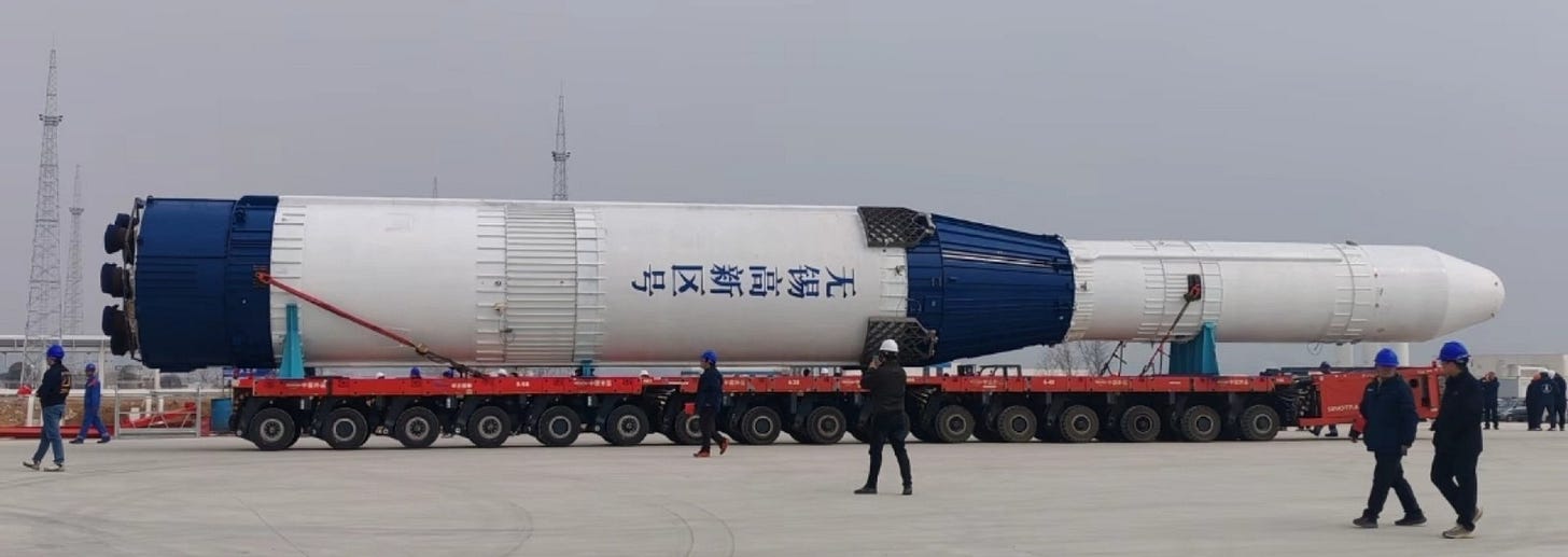 Deep Blue Aerospace’s Nebula-1A launch vehicle being taken to Haiyang’s new liquid propellant launch pad.