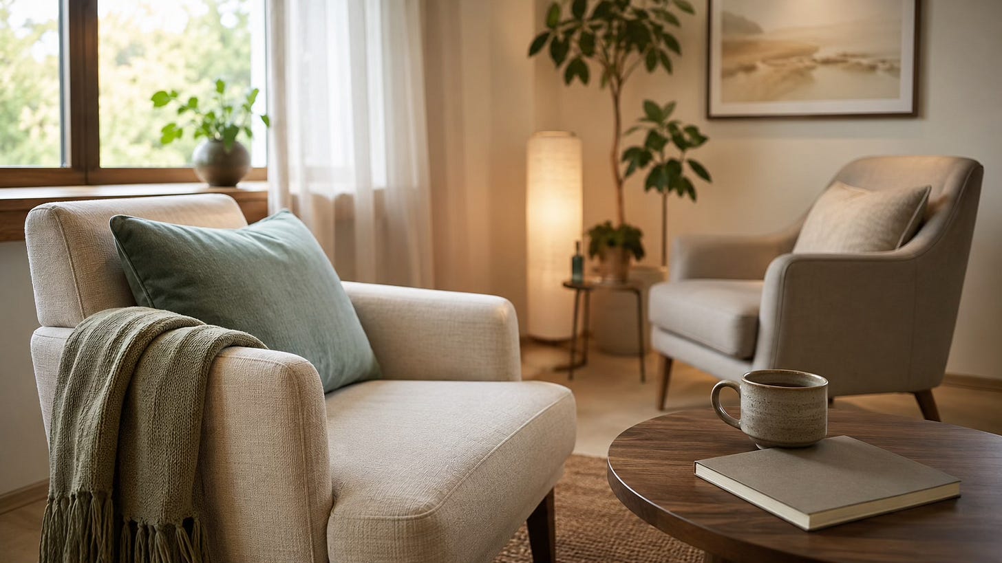 Calm private coaching space with two softly angled chairs, a notebook, and warm natural light.