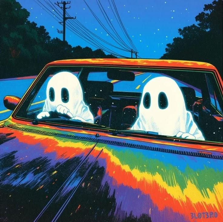 This may contain: there are two ghost heads in the back of a car