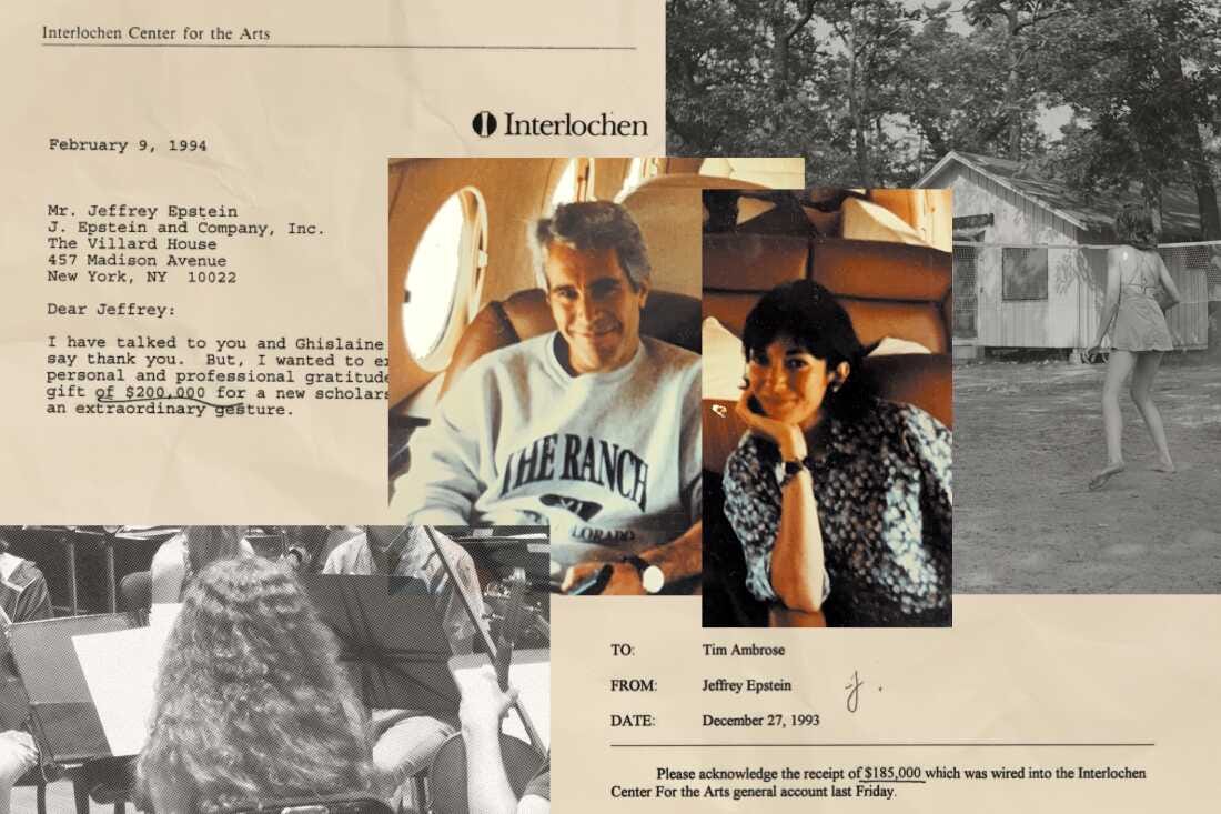This collage shows photos of Jeffrey Epstein and Ghislaine Maxwell on a plane, as well as black-and-white photos of students playing in an orchestra and a girl near a cabin. There are also fragments of documents showing over $350,000 in donations from Epstein to the Interlochen Center for the Arts. This collage shows photos of Jeffrey Epstein and Ghislaine Maxwell on a plane, as well as black-and-white photos of students playing in an orchestra and a girl near a cabin. There are also fragments of documents showing over $350,000 in donations from Epstein to the Interlochen Center for the Arts.