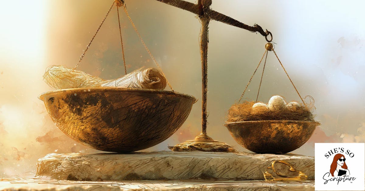 Illustrated bronze balance scale on weathered sandstone, a scroll in one pan and a bird's nest in the other, a small gold hook lying between them, in plum and gold watercolor tones.