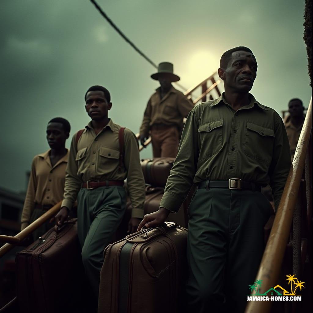 Cinematic film still: Jamaicans boarding the HMT Empire Windrush, a British troop ship, on June 22, 1948. Passengers, part of the Windrush Generation, are seen with their luggage, a mix of anticipation and determination on their faces, as they ascend the gangplank. The scene is bathed in dramatic, atmospheric cinematic lighting, with subtle film grain and a vignette effect, shot on v-raptor XL with 35mm film. Color graded and post-processed for best quality, creating an epic, stunning, and masterful live-action portrayal.