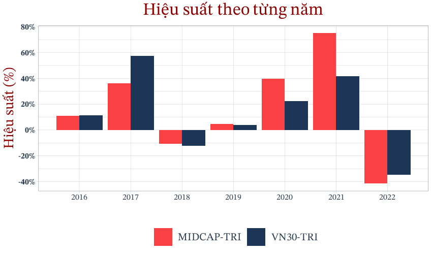 Hiệu suất hoạt động của MIDCAP và VN30 theo từng năm