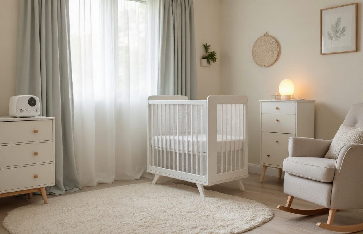 Create a realistic image of a serene nursery with soft pastel colors, featuring a comfortable white crib with breathable mesh sides, blackout curtains partially drawn to filter gentle natural light, a small sound machine on a nearby dresser, minimal but thoughtful decor including a few nature-inspired wall elements, a plush area rug, and a comfortable rocking chair in the corner with a small side table holding a dim nightlight. Create a realistic image of a serene nursery with soft pastel colors, featuring a comfortable white crib with breathable mesh sides, blackout curtains partially drawn to filter gentle natural light, a small sound machine on a nearby dresser, minimal but thoughtful decor including a few nature-inspired wall elements, a plush area rug, and a comfortable rocking chair in the corner with a small side table holding a dim nightlight.
