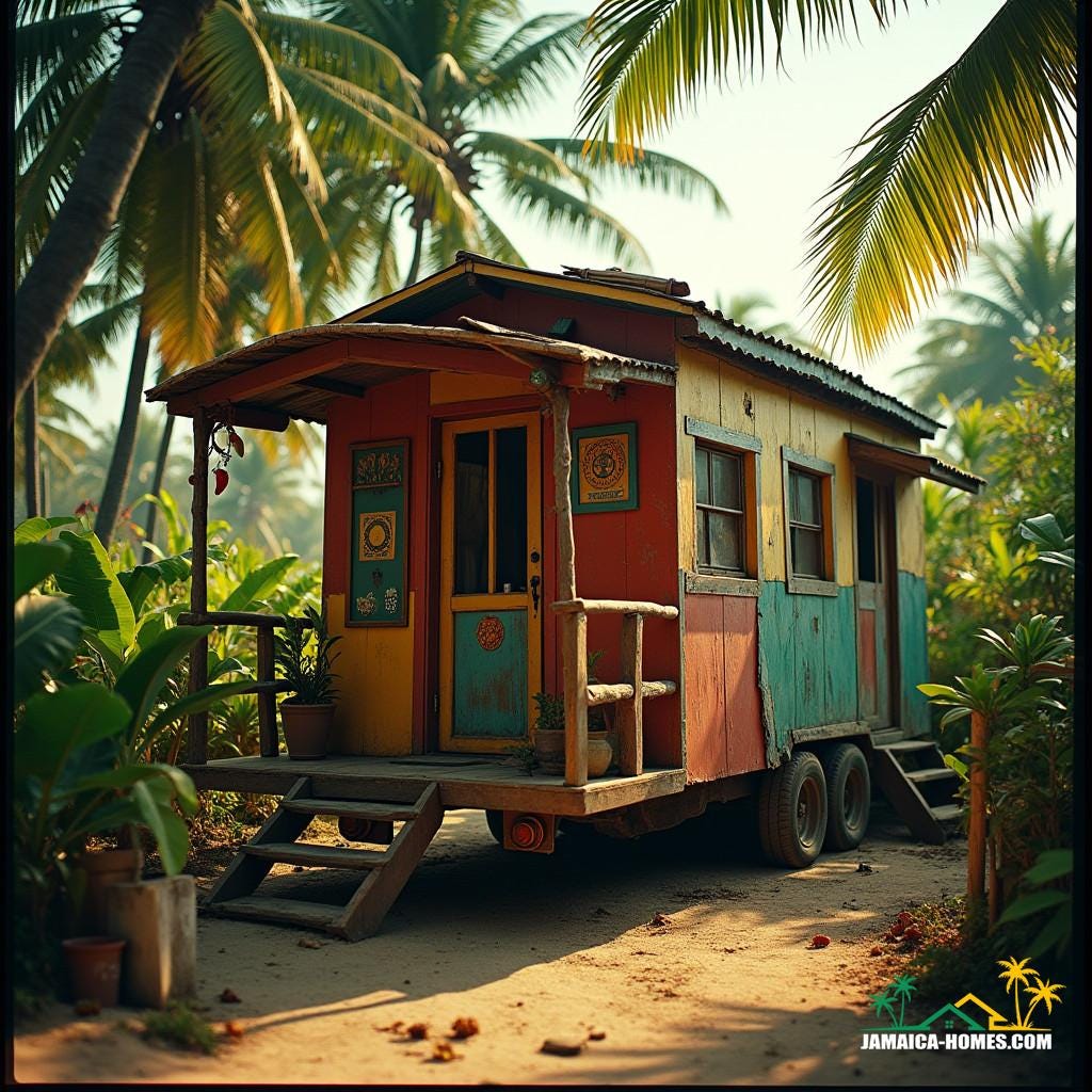 A colorful, rustic mobile home on wheels, set against the lush, vibrant backdrop of modern Jamaica, surrounded by swaying palm trees and exotic flora. 