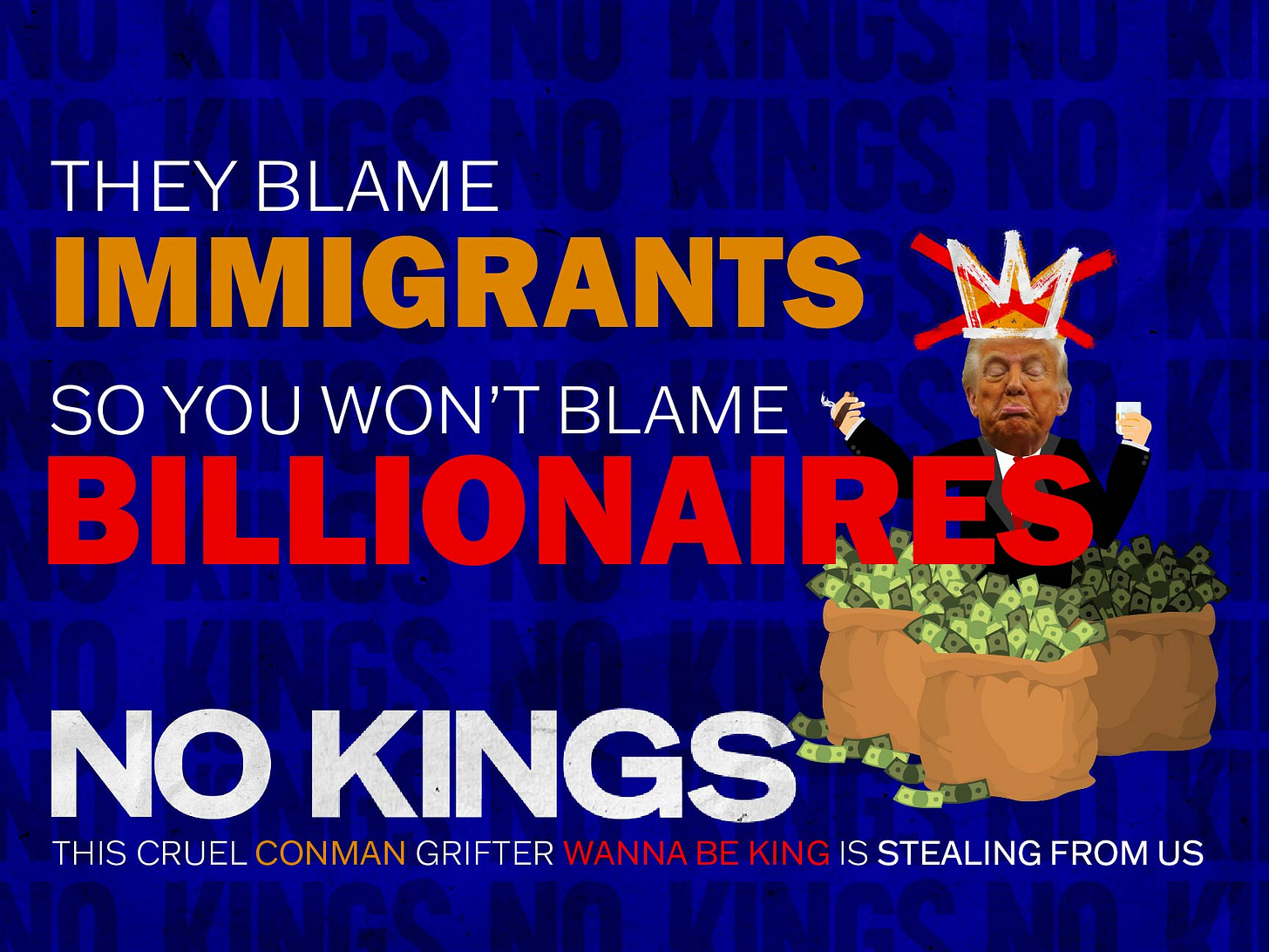 May be a graphic of text that says 'KINUSNI VINGO THEY BLAME NO KINGS NO K IMMIGRANTS M so YOU WON'T BLAME ኑ BILLIONAIRES 10 VINGS NO KINGS THIS CRUEL CONMAN GRIFTER WANNA BE KING IS STEALING FROM US OVINAGAN VINGANO!' May be a graphic of text that says 'KINUSNI VINGO THEY BLAME NO KINGS NO K IMMIGRANTS M so YOU WON'T BLAME ኑ BILLIONAIRES 10 VINGS NO KINGS THIS CRUEL CONMAN GRIFTER WANNA BE KING IS STEALING FROM US OVINAGAN VINGANO!'