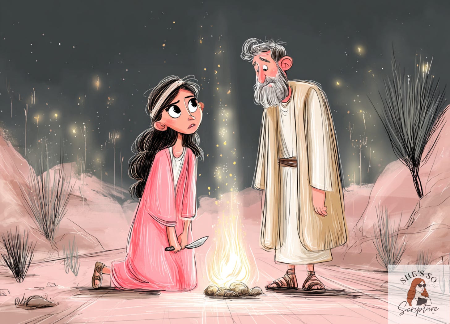 Illustration of Moses and Zipporah on a desert road at night as Zipporah performs the circumcision, representing covenant obedience from Exodus 4:24–26.