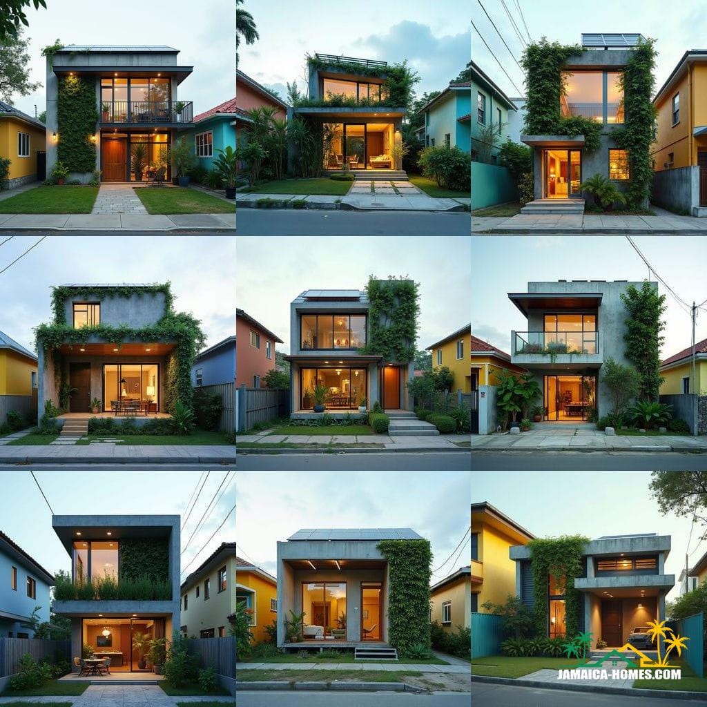 Compact urban modern home designed as a single 20-ft concrete module with an overlapping steel porch, optimized for a small suburban lot in Kingston. The facade features lush vertical gardens, and a skylight illuminates the living space. Solar panels adorn the roof, and slim horizontal windows minimize heat gain. The home is situated on a small lot between colorful neighboring houses, with a paved walkway leading to the entrance. Styled as a sleek, energy-efficient, modern urban aesthetic, presented as a cinematic film still shot on v-raptor XL with film grain, vignette, color grading, post-processing, cinematic lighting, 35mm film, live-action, best quality, atmospheric, a masterpiece, epic, stunning, dramatic.